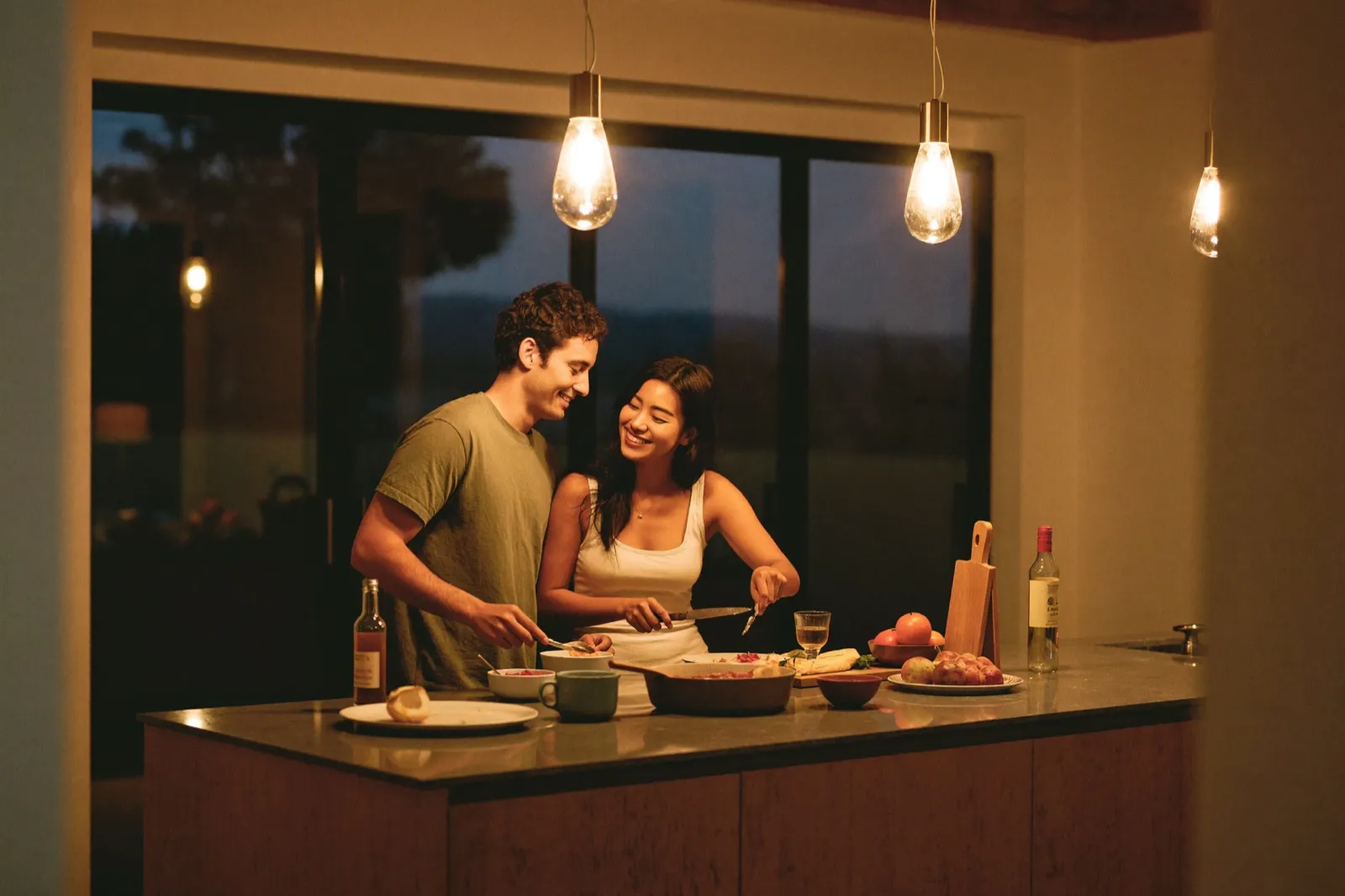 An Australian couple cooking together in a warm, well-lit kitchen in the evening