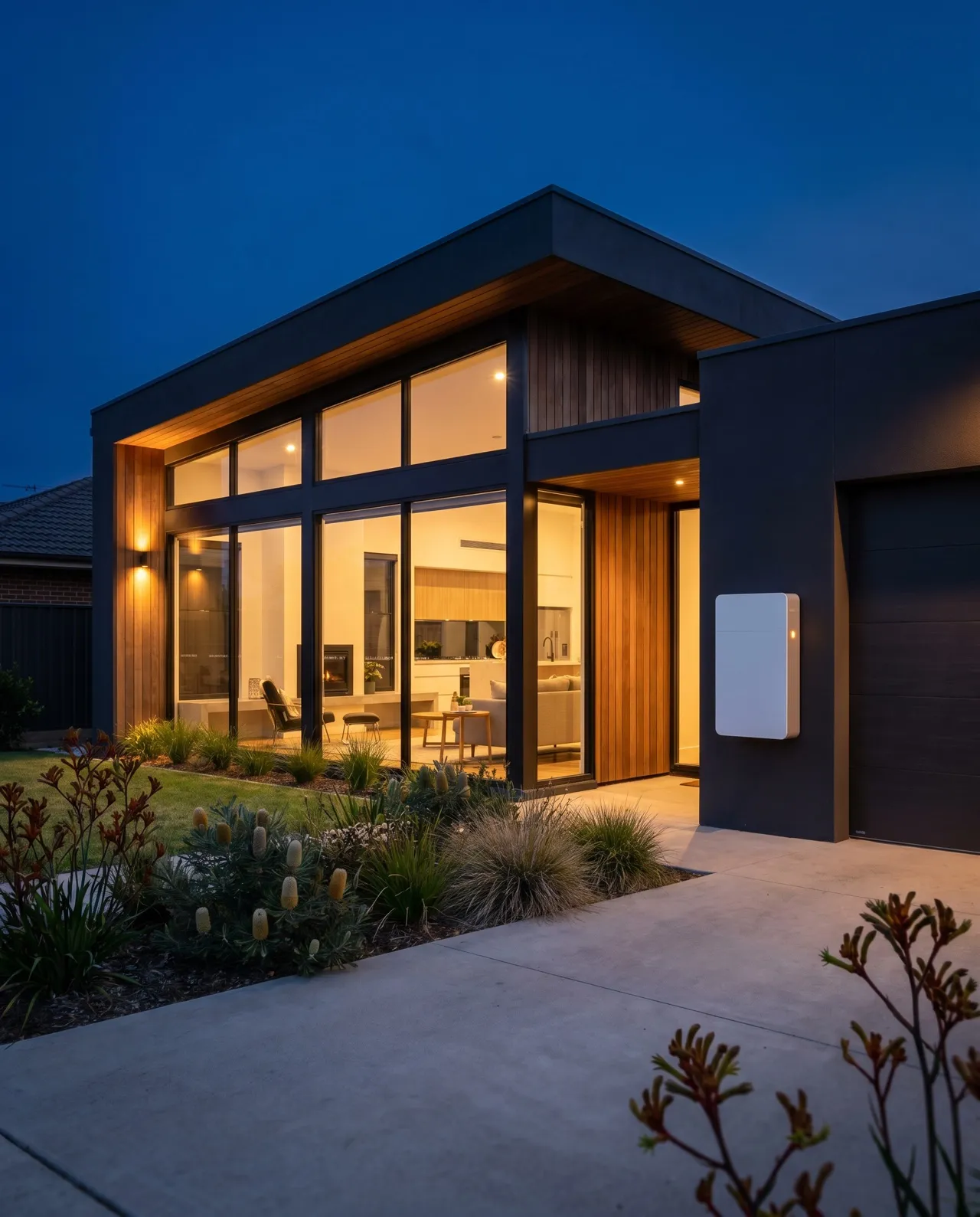 Modern Australian home glowing warm at night with a wall-mounted home battery on the garage wall