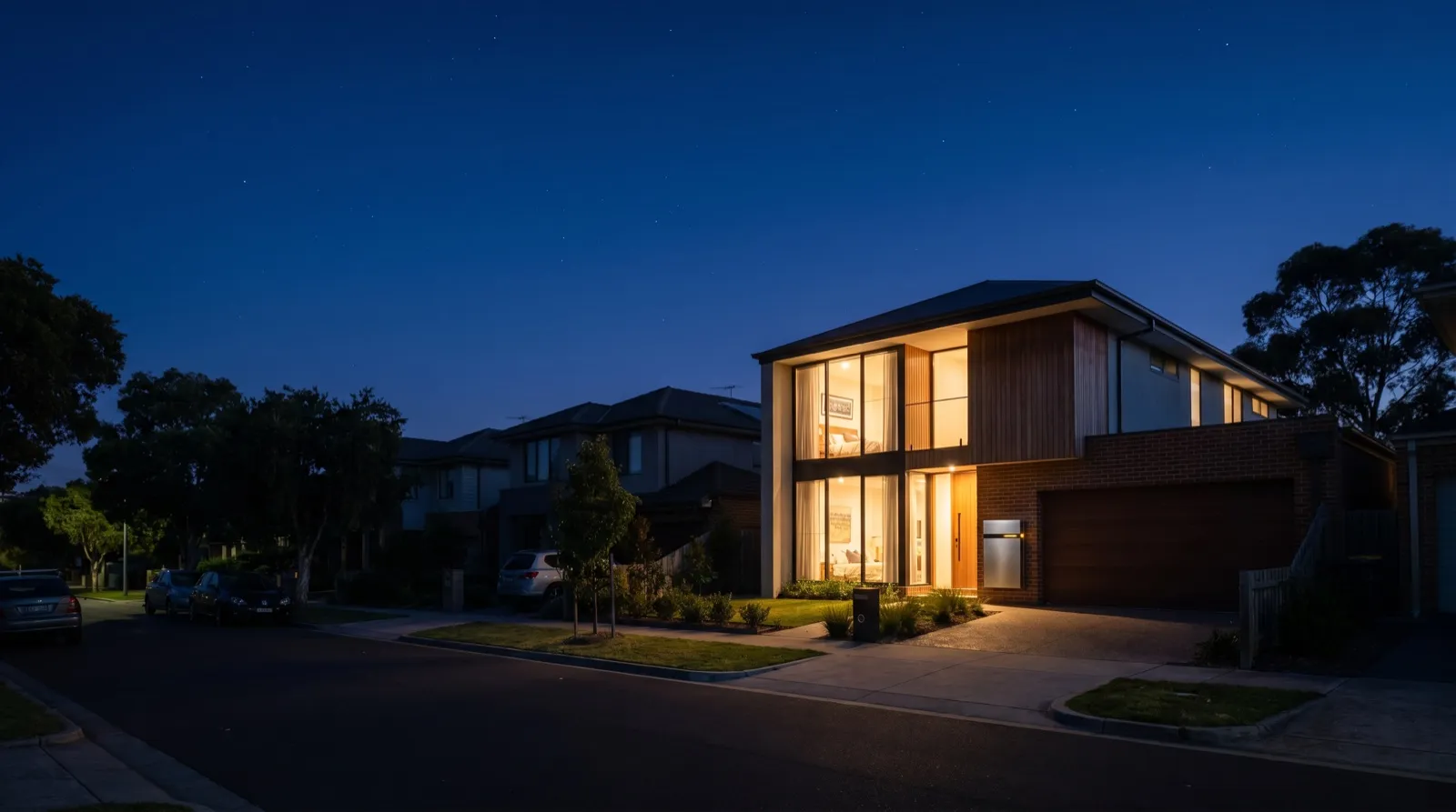 One Australian home glowing warm on a dark street during a blackout, running on its home battery