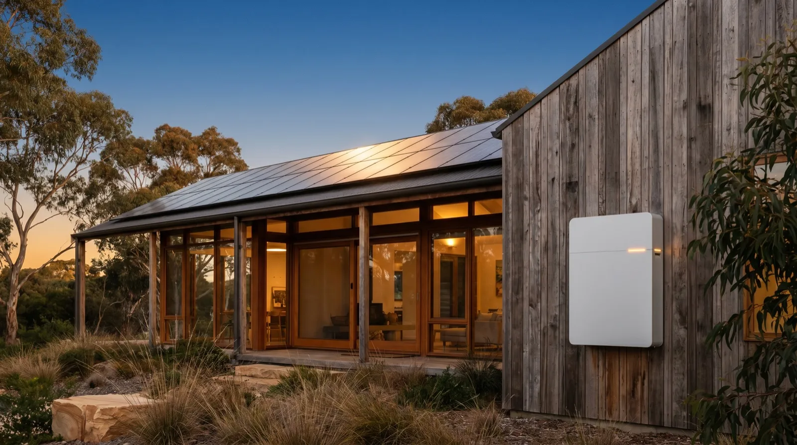 An Australian home with rooftop solar and a wall-mounted battery at dusk