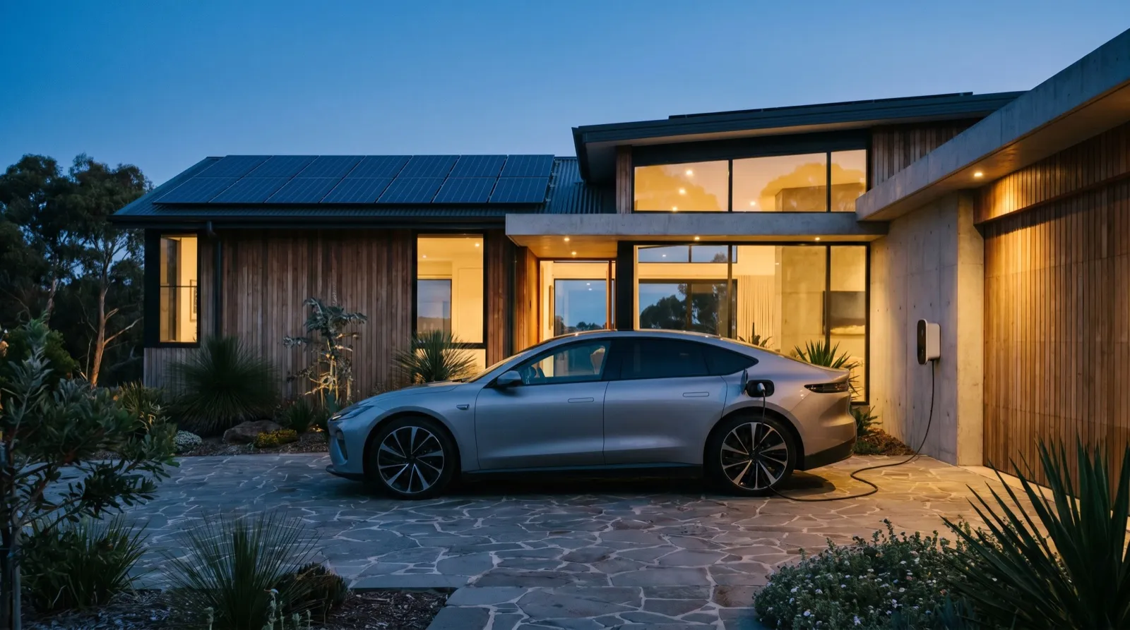 A modern Australian home at dusk with rooftop solar and an electric car charging in the driveway