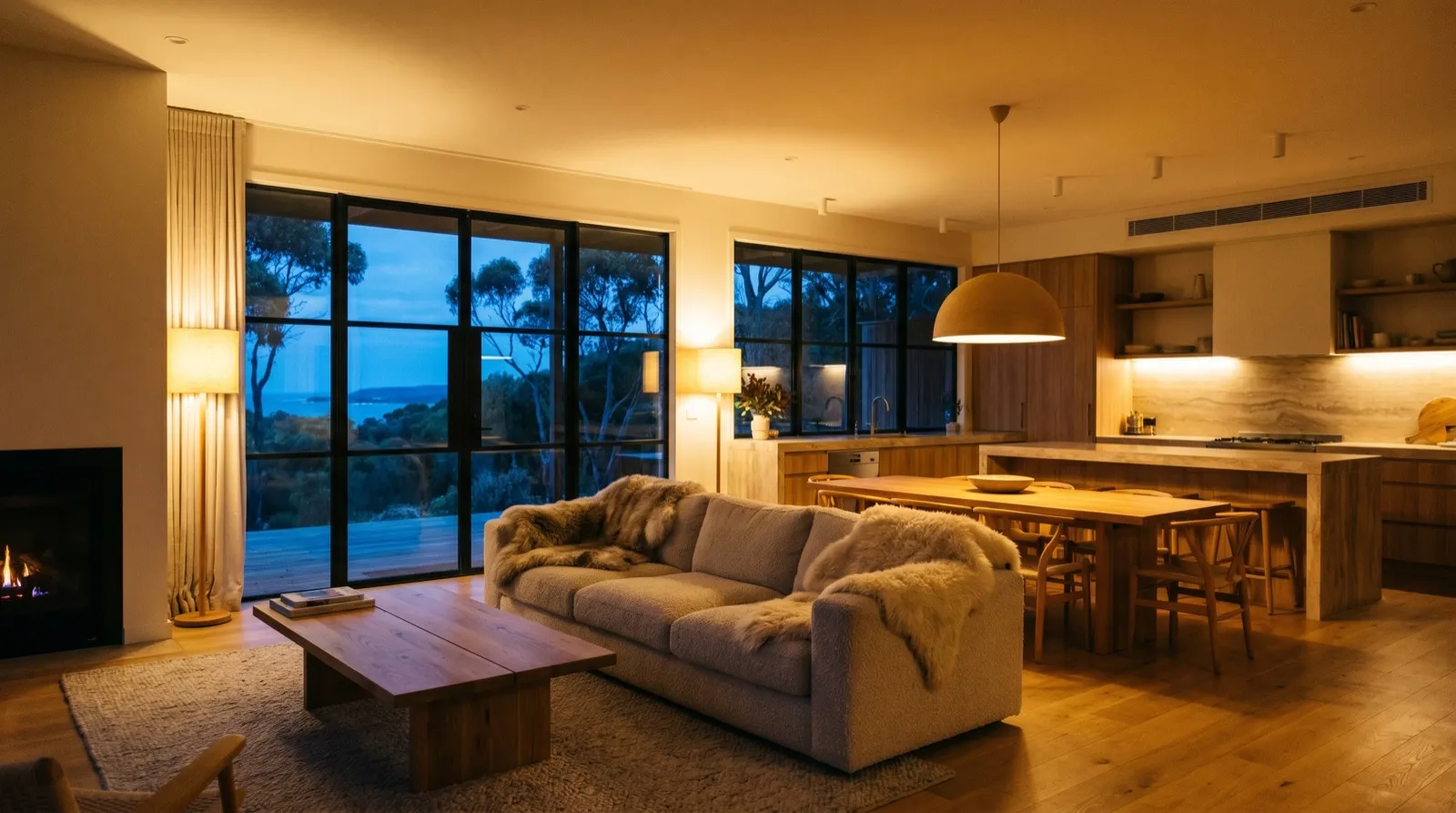 A warm, modern Australian living room lit in the evening, running on stored solar