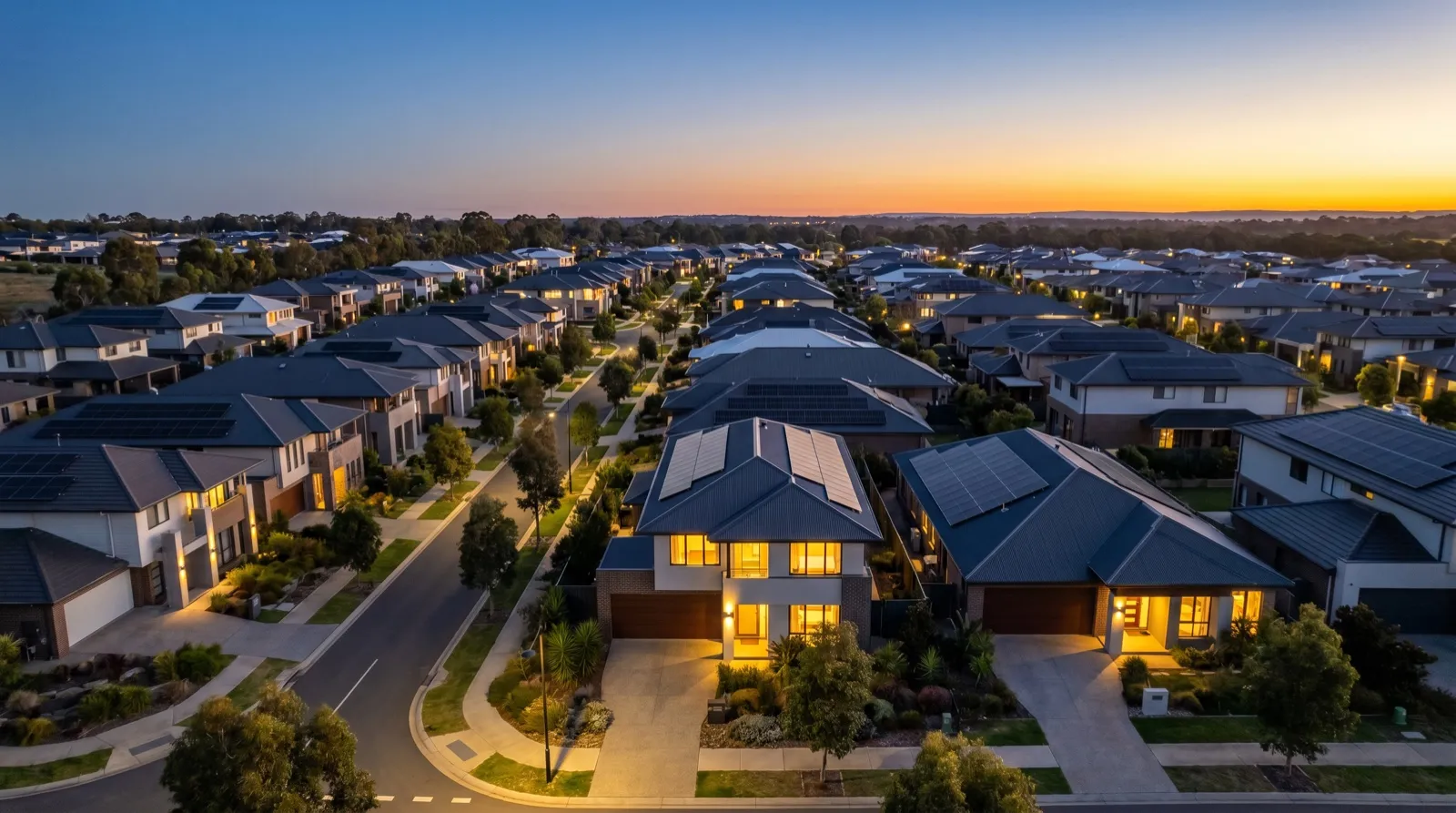 A street of modern Australian homes with rooftop solar at dusk, a connected community of solar batteries